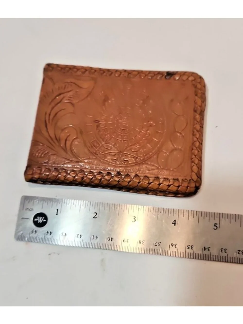 Wallet Bi Fold Hand Tooled Leather Embossed Aztec Stamped Mexico Brown